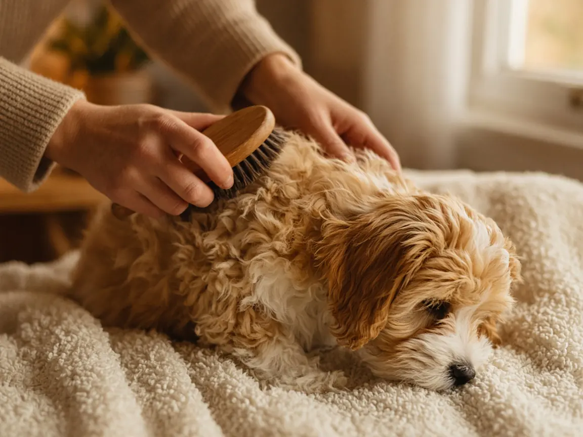 Hands gently brushing a fluffy golden and white dog on a cream blanket