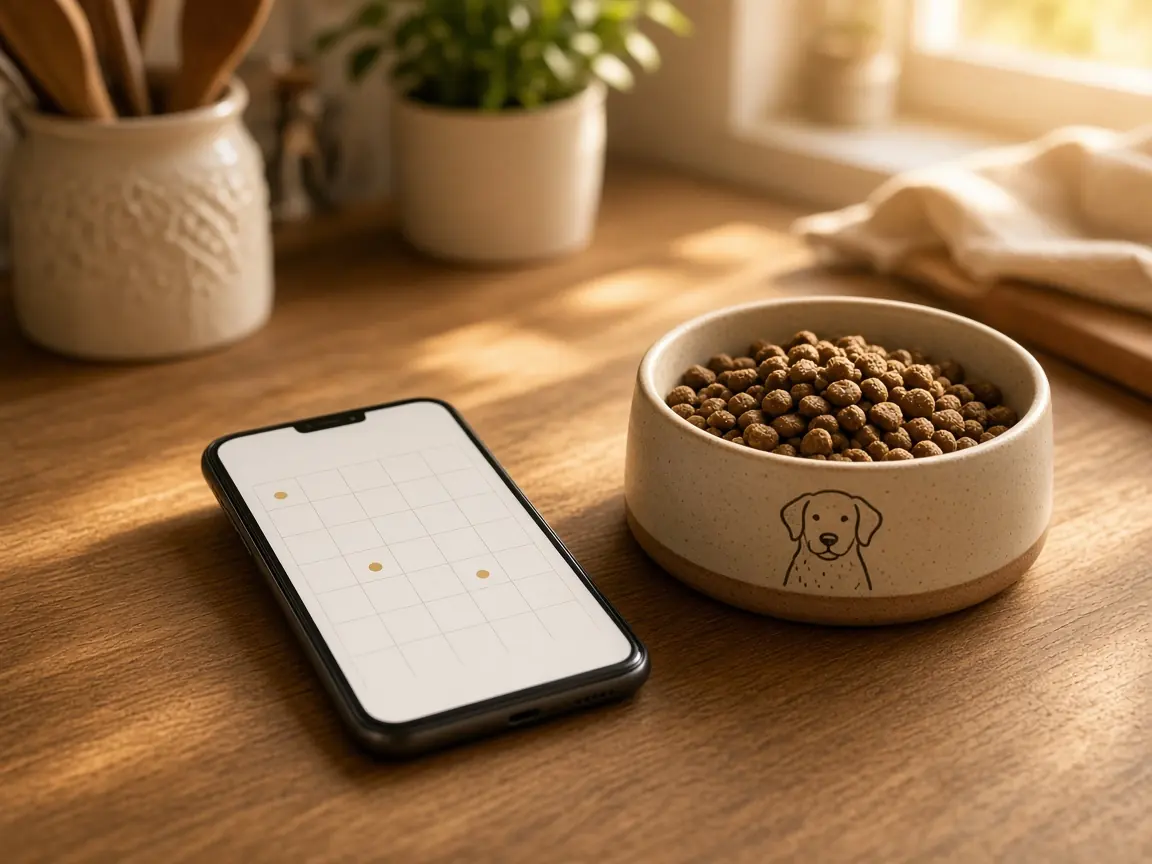 A phone showing a simple calendar on a wooden table next to a dog bowl