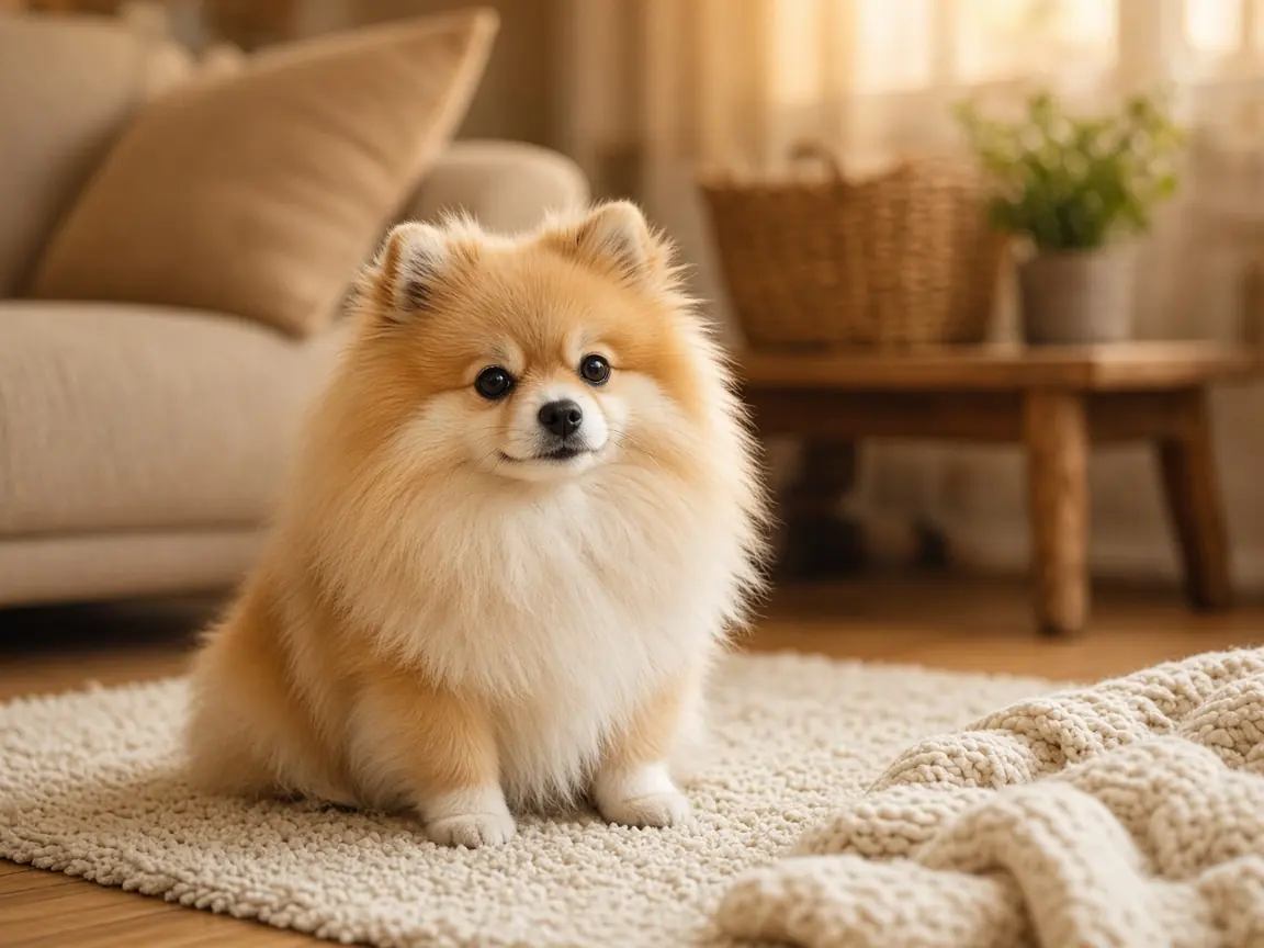 A fluffy golden and white Pomeranian sitting on a cream rug at home