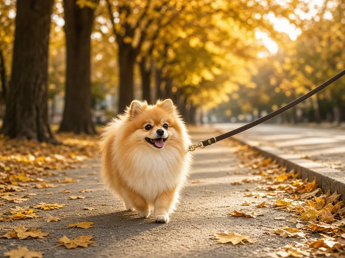 A happy Pomeranian on a leash walking down a sunny autumn sidewalk